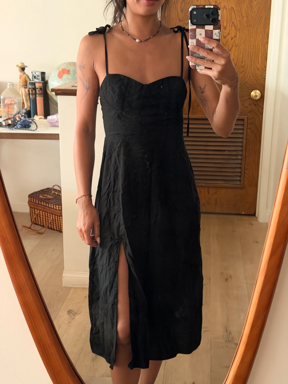 Black Tie-Shoulder Bustier Midi Dress with Front Slit